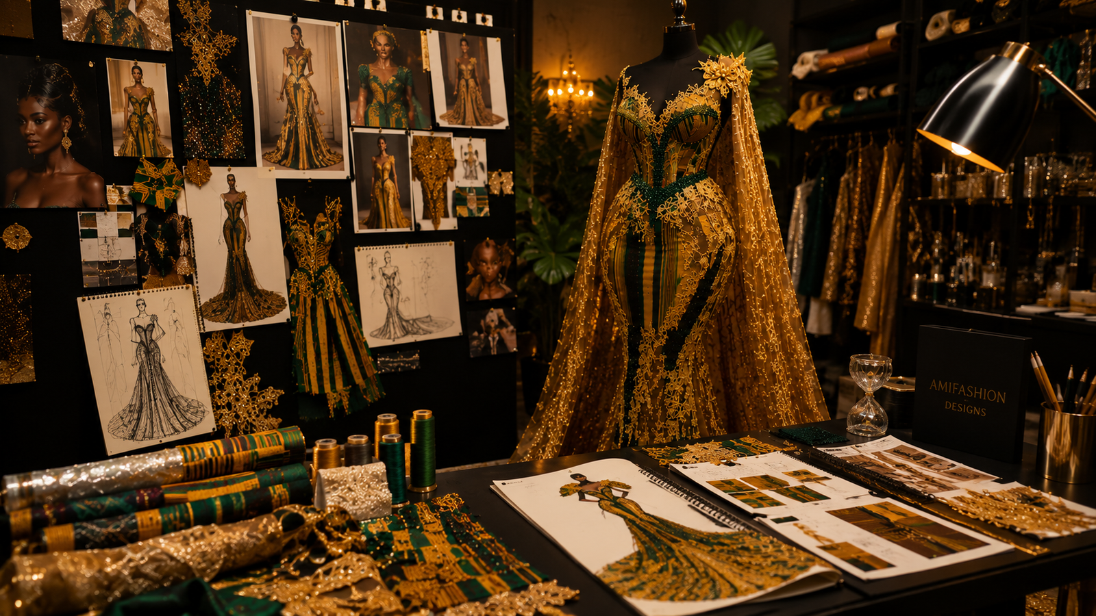Golden Kente Empress Gown creative process showing Ghanaian Kente fashion inspiration and couture design