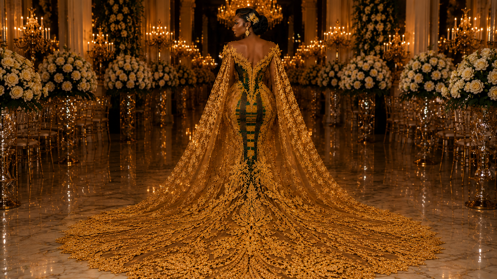 Golden Kente Empress Gown back view with dramatic gold embroidered train African bridal coutur