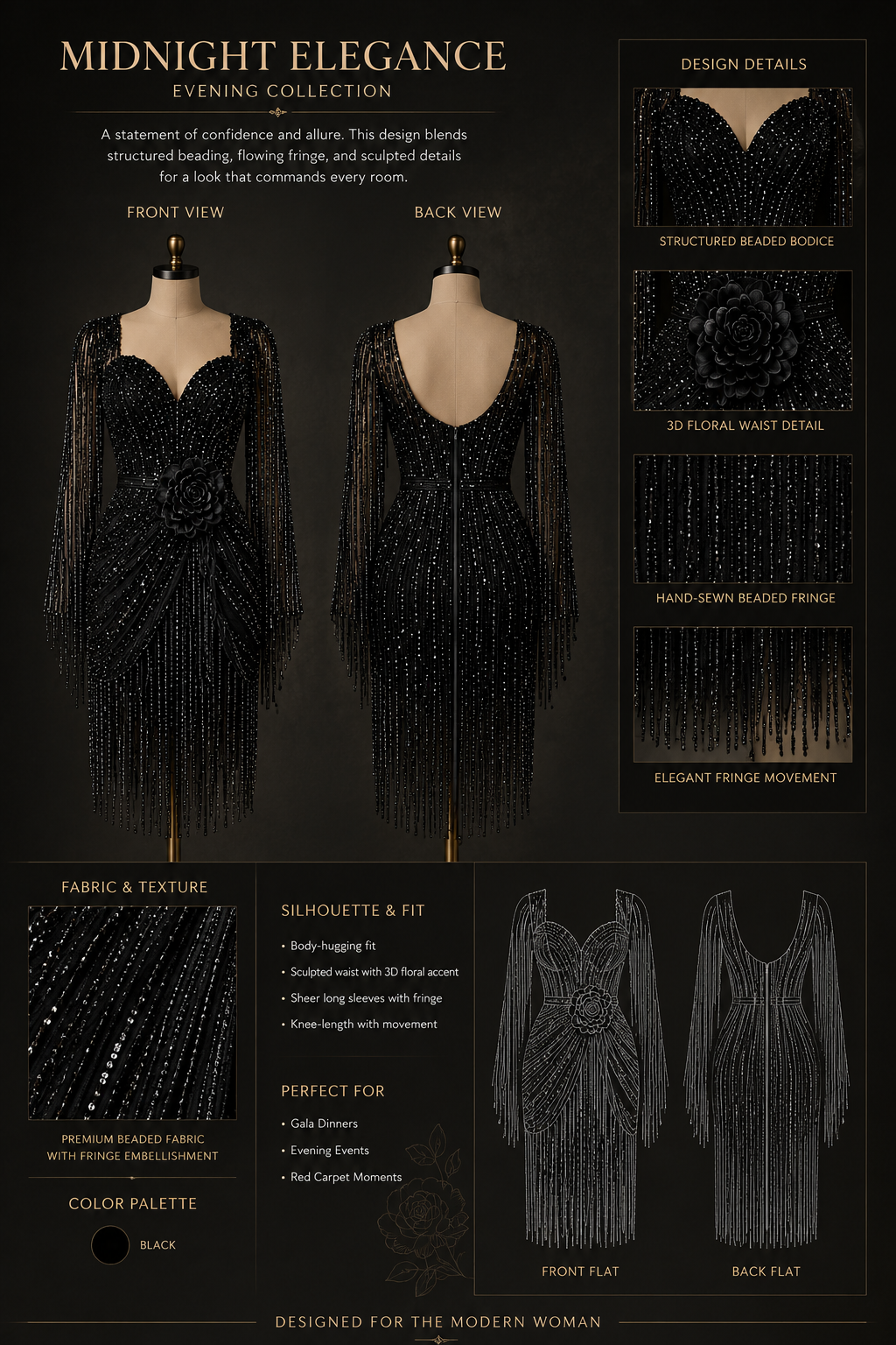 Midnight Elegance statement piece front and back dress design presentation
