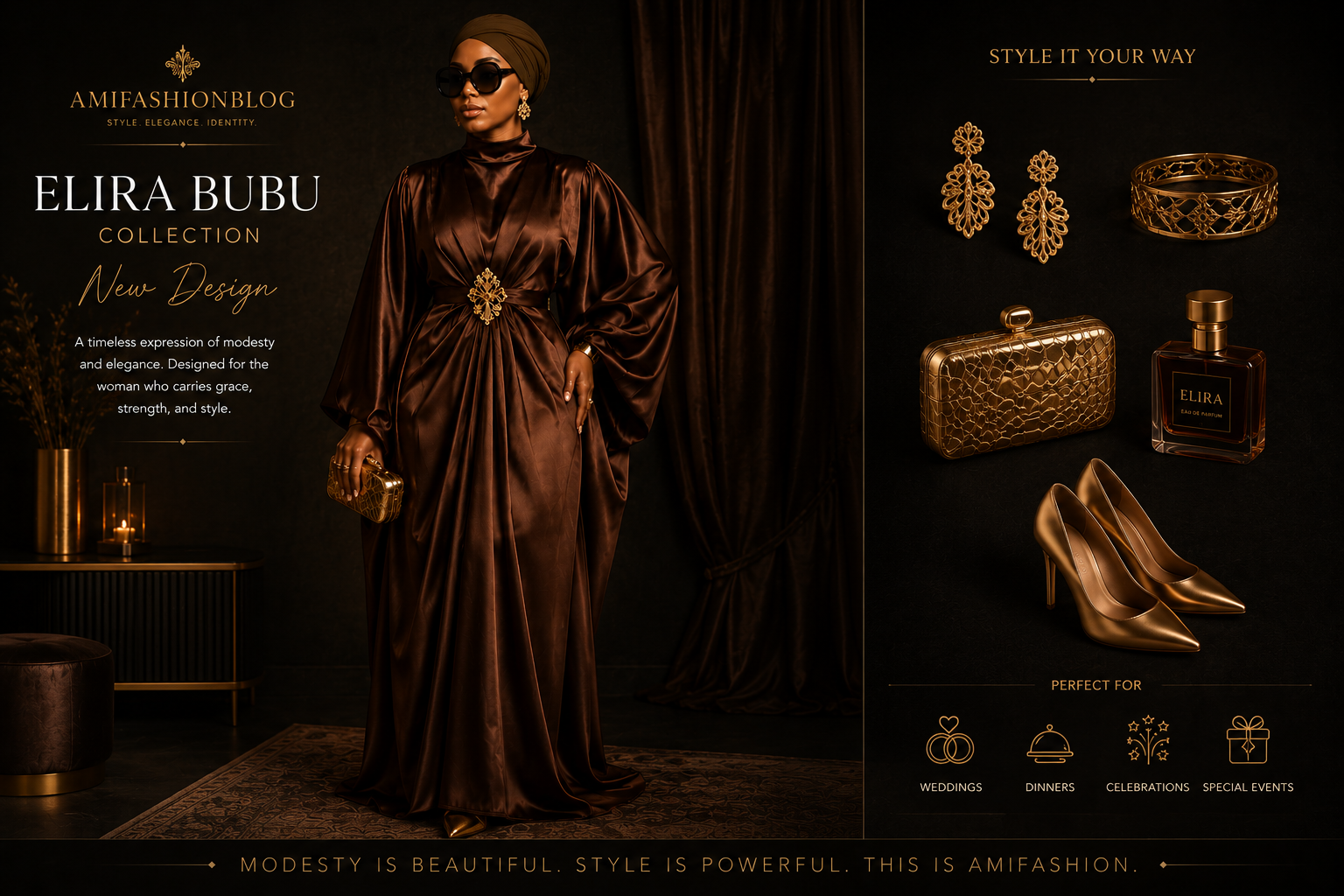 Elira Bubu luxury dress styled with elegant fashion accessories