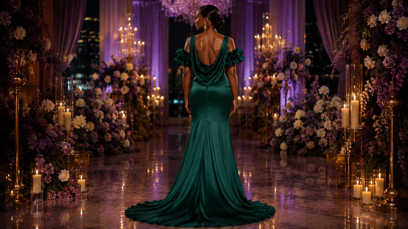 Emerald Elegance made of honor dress back view with draped satin tail