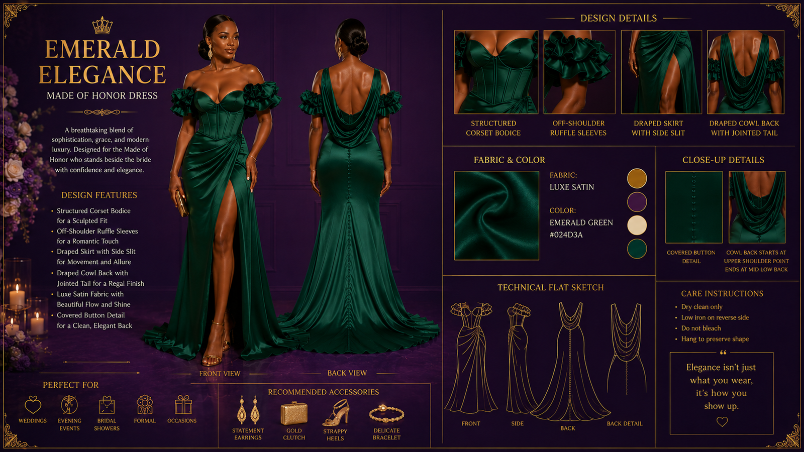 Emerald Elegance made of honor dress designer presentation details