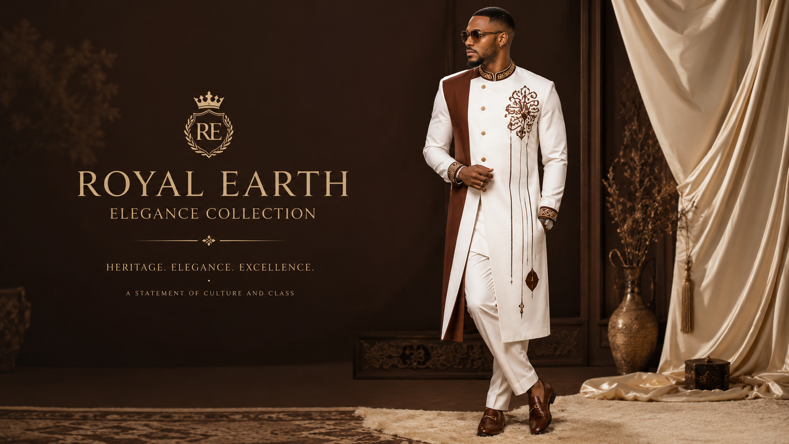 "White and brown traditional menswear design Royal Earth Elegance Collection"