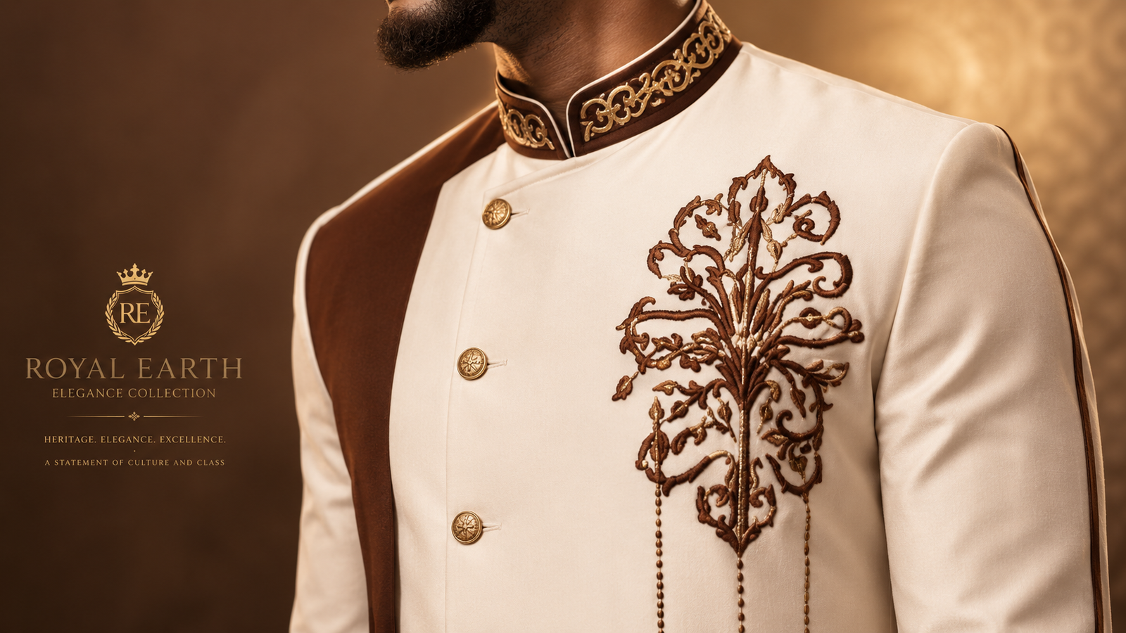 "Luxury African inspired mens fashion with white and brown embroidery"