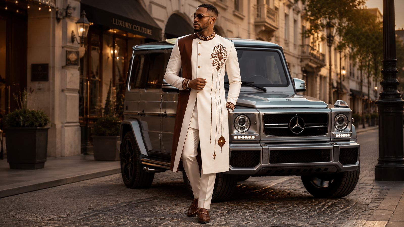 "Elegant male fashion model wearing white brown cultural outfit"