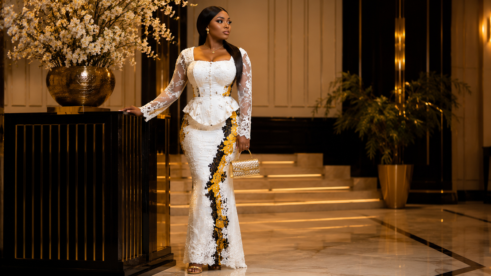 "White gold lace gown design Royal Golden Orchid luxury fashion collection"