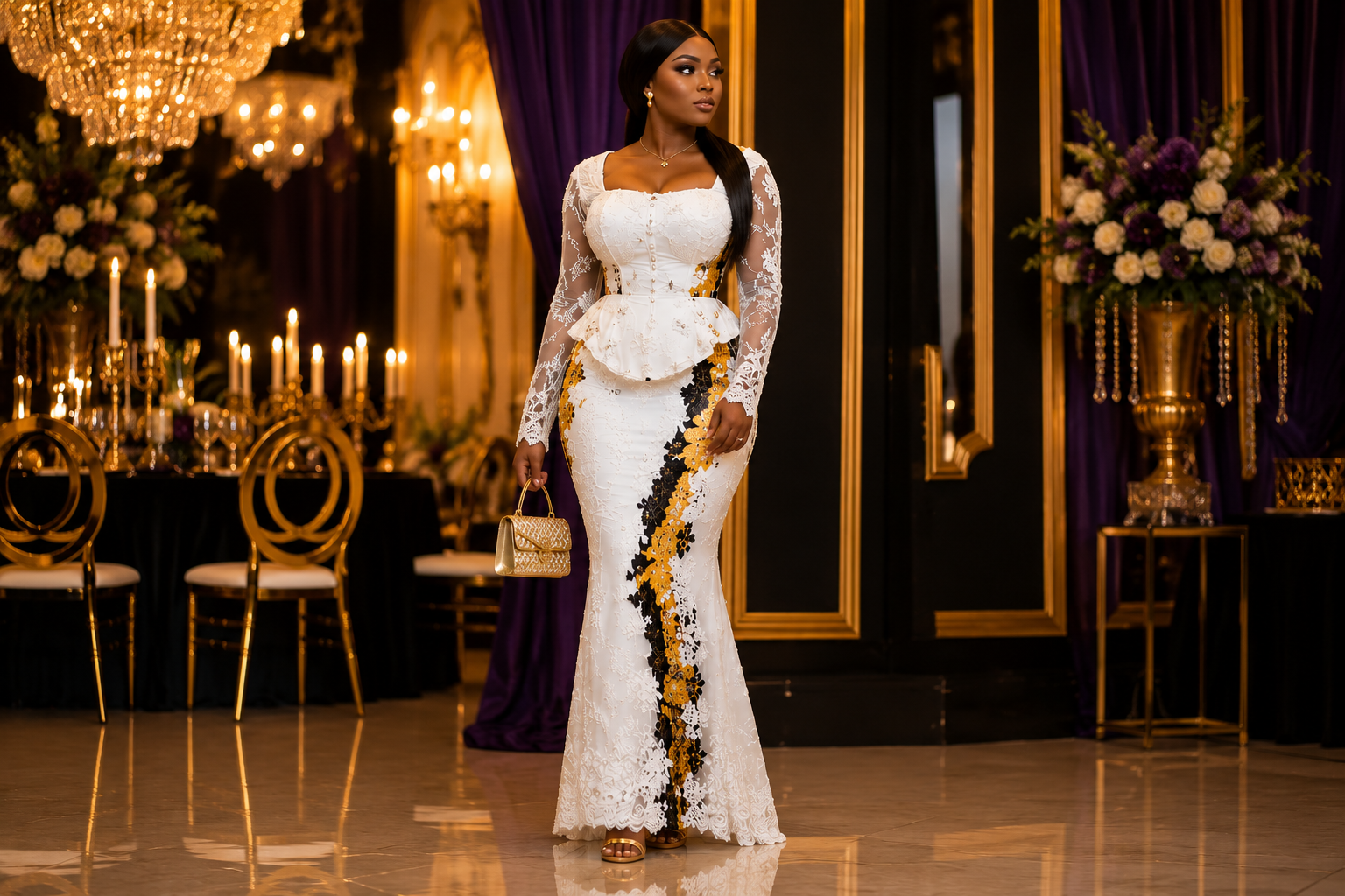 "Modern couture women fashion gown in champagne gold and ivory background"
