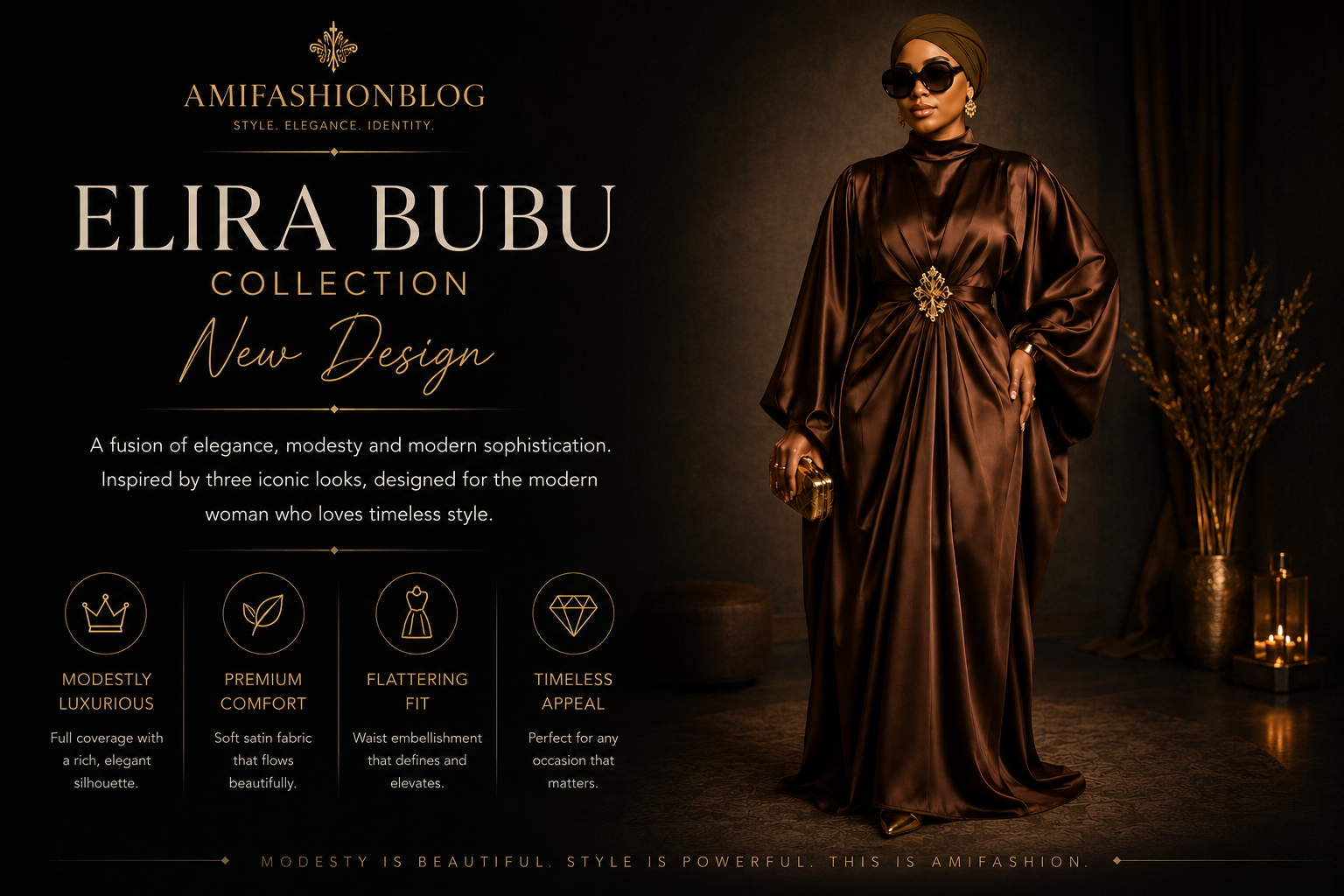 Elira Bubu luxury dress with flowing silhouette and elegant brown fashion design