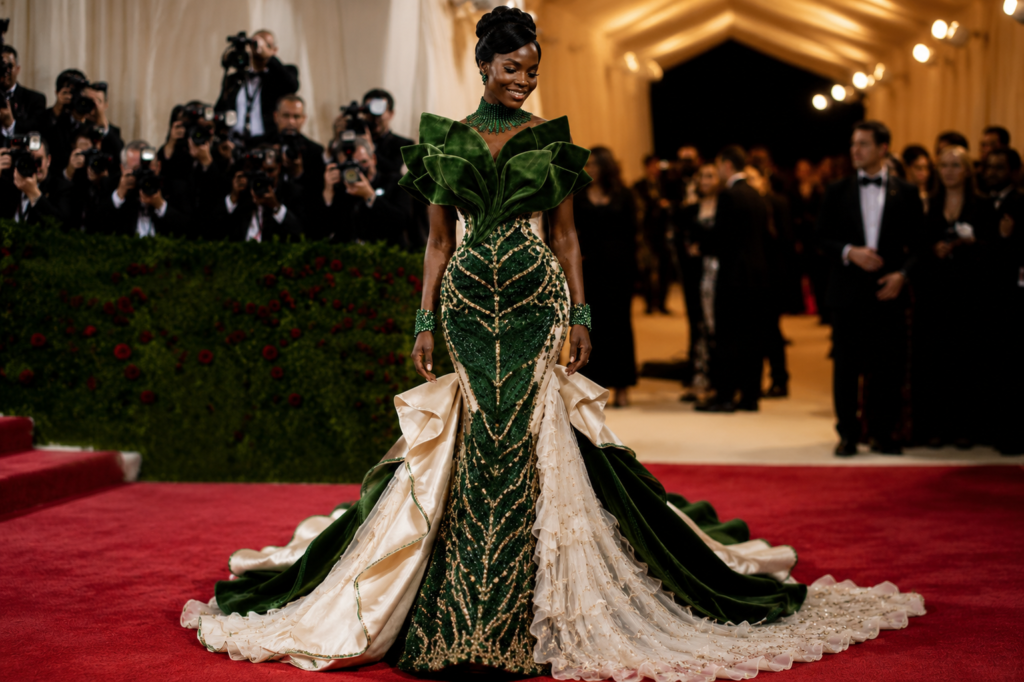 Forest Green Silk Velvet Red Carpet Dress by Ami Fashion