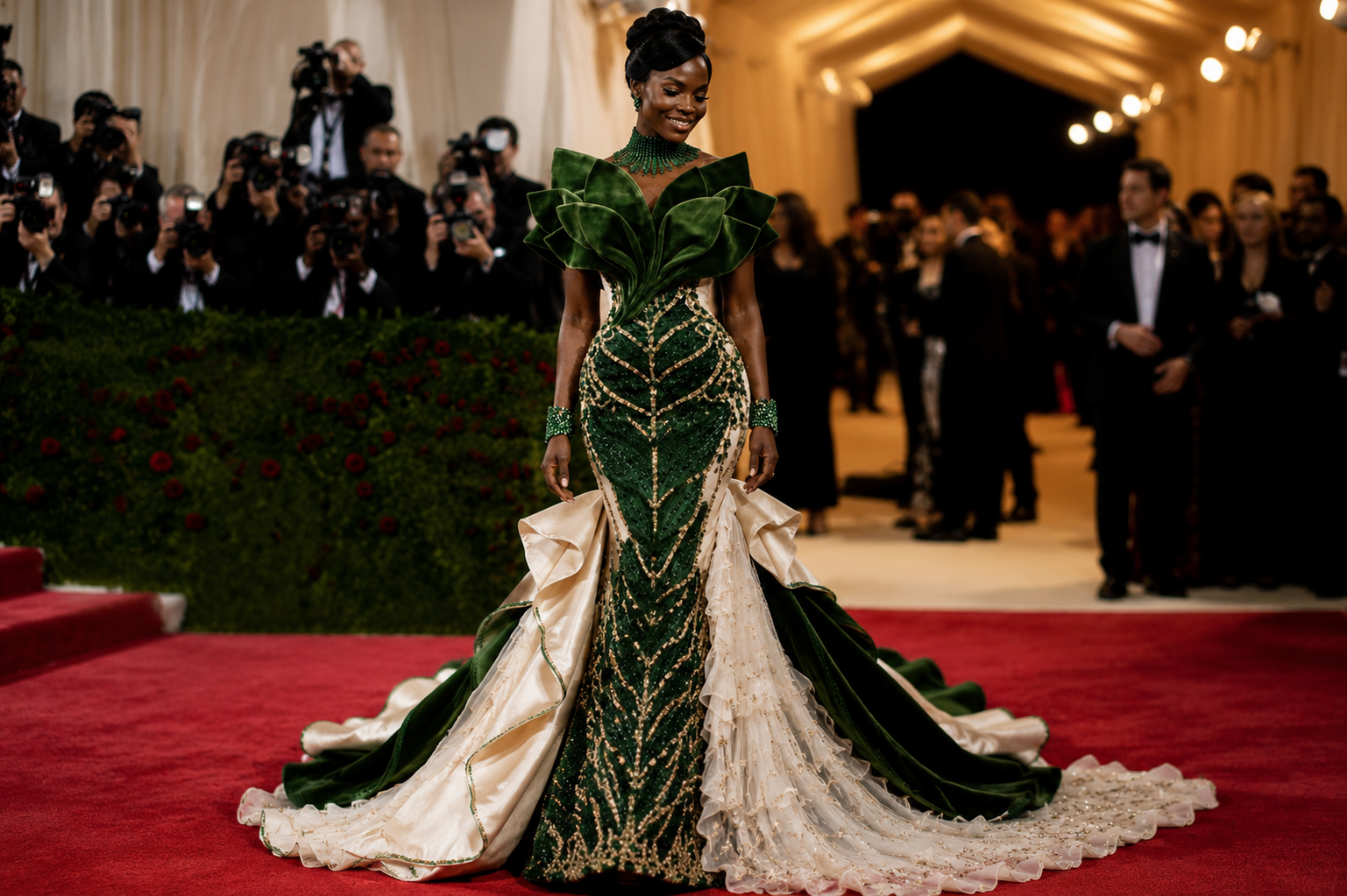 Forest Green Silk Velvet Red Carpet Dress by Ami Fashion