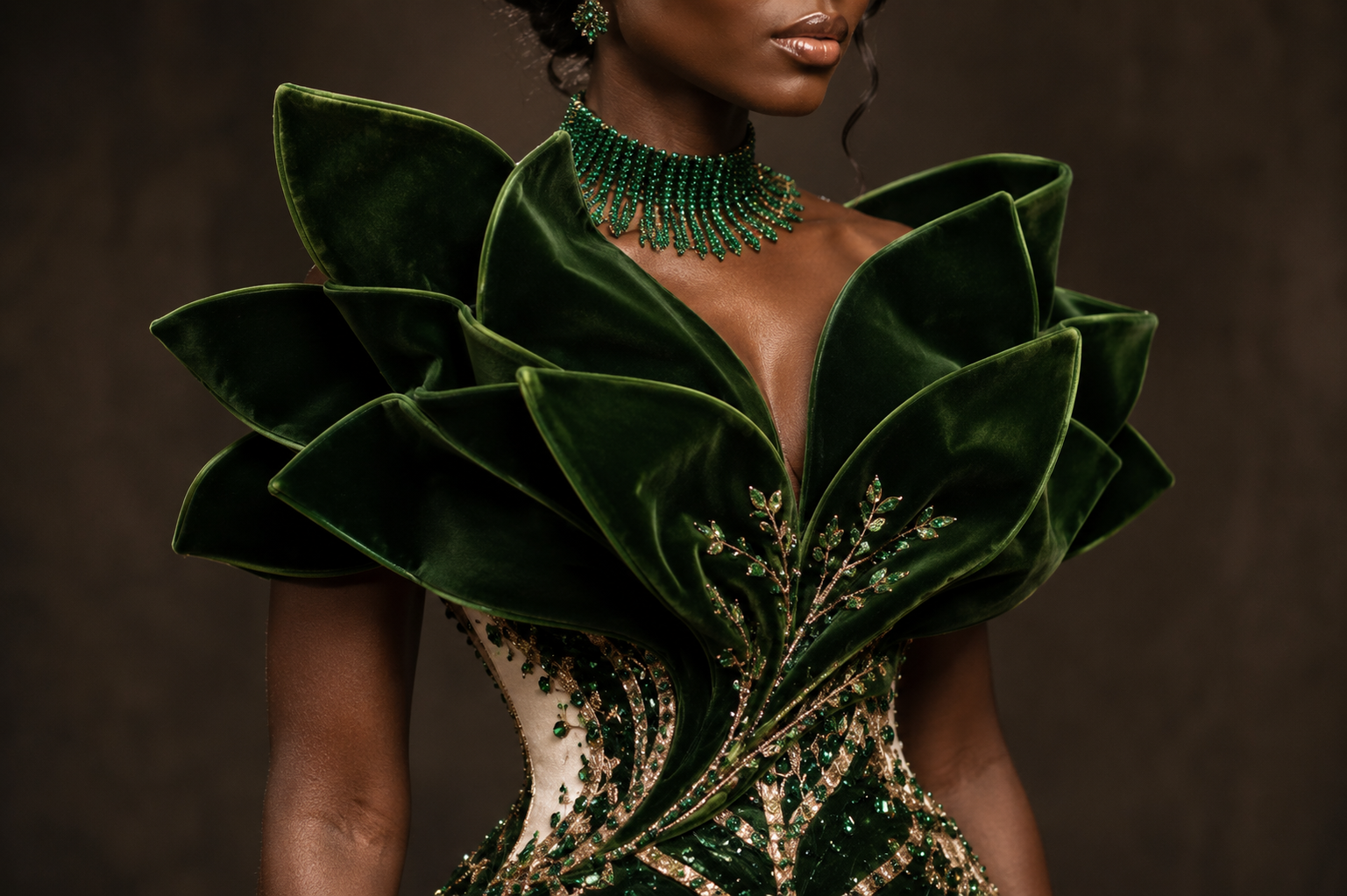 Forest Green Silk Velvet Red Carpet Dress