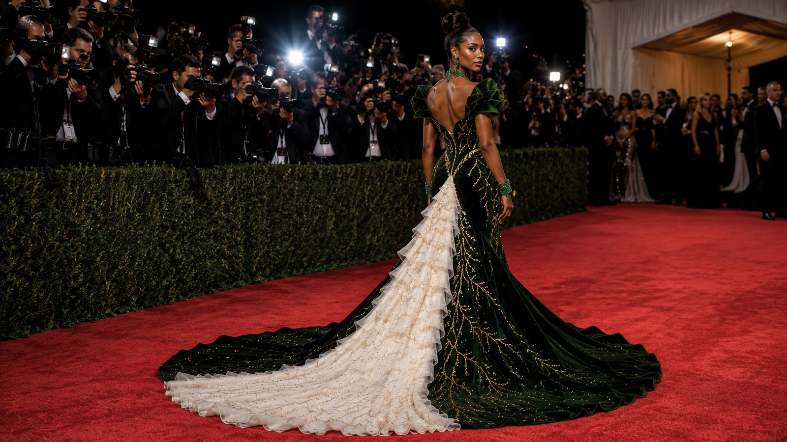 Forest Green Silk Velvet Red Carpet Dress