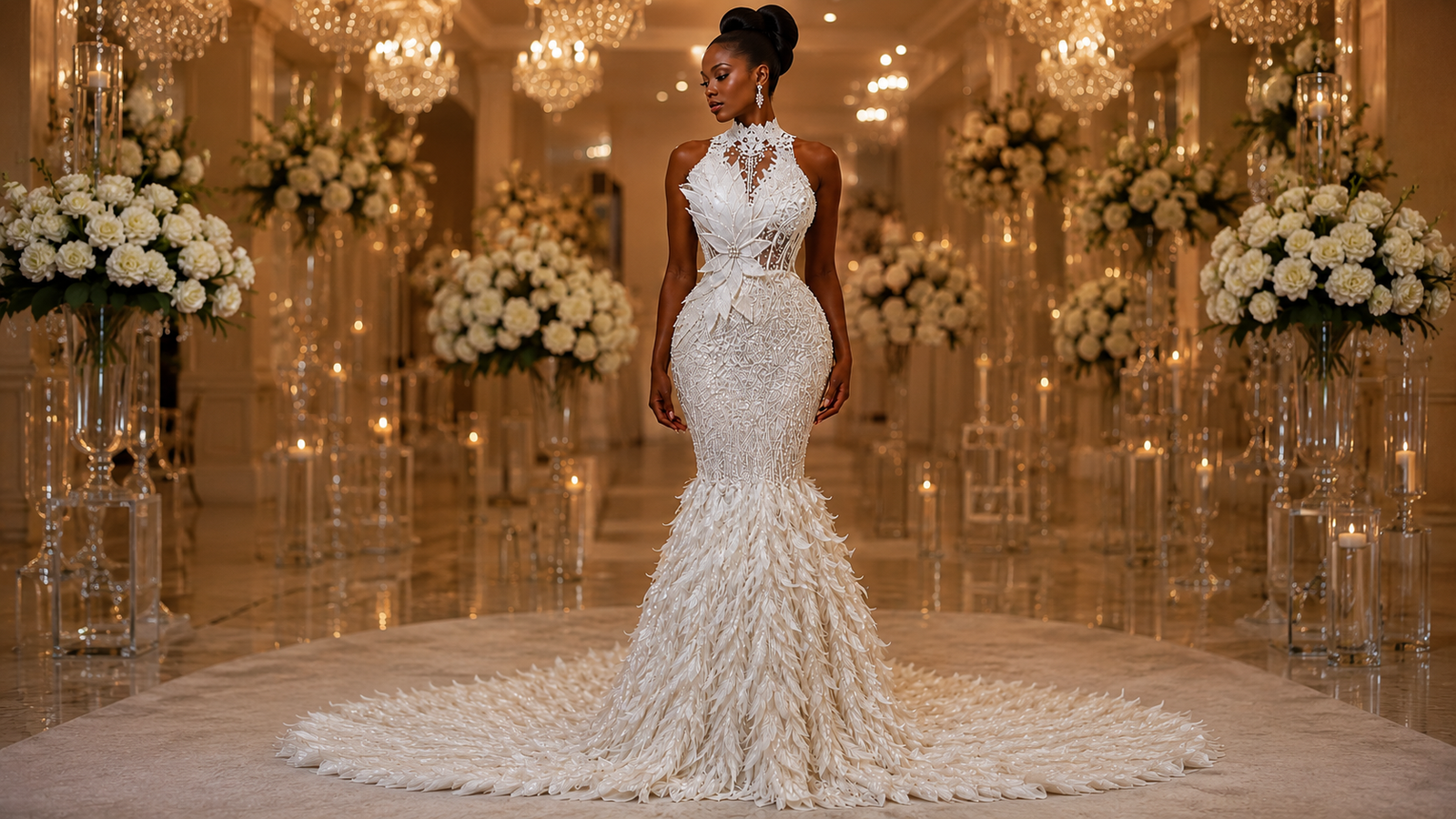 AMI Pineapple Halo Bareback Wedding Dress front view with feather mermaid skirt