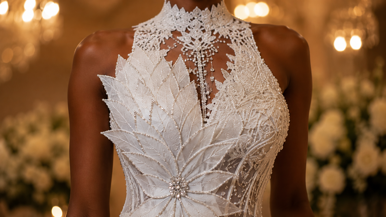Close-up of pineapple floral applique on AMI Pineapple Halo Bareback Wedding Dress
