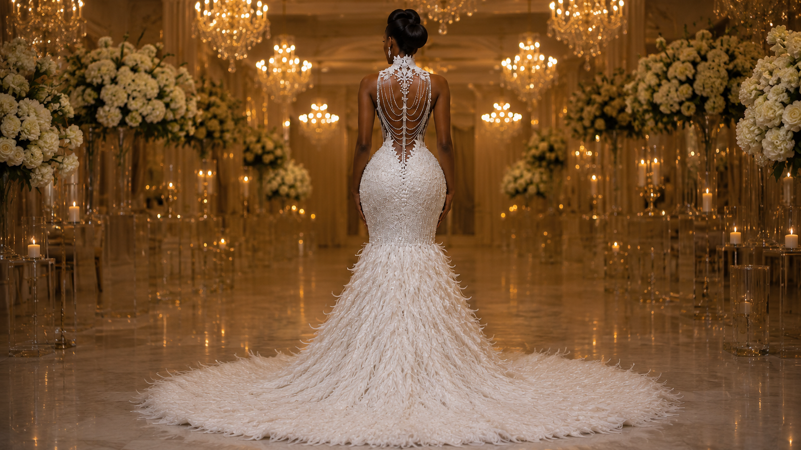 Back view of AMI Pineapple Halo Bareback Wedding Dress with pearl chains