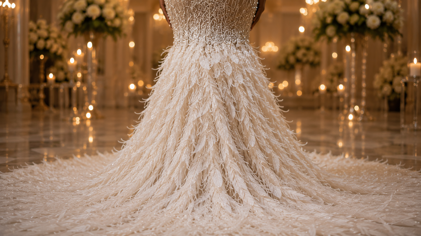 Luxury feather mermaid skirt on AMI Pineapple Halo Bareback Wedding Dress