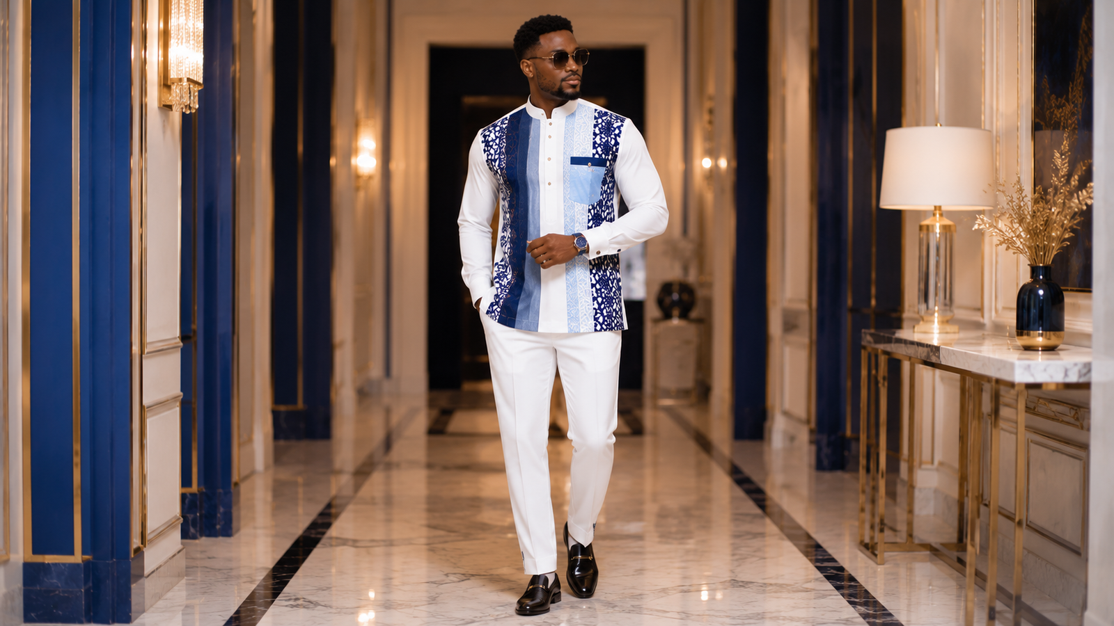 Elegant African men's white and royal blue top and trouser outfit in a luxury interior