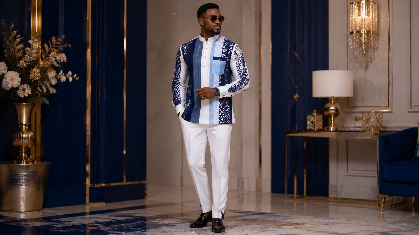 Luxury white and royal blue men's top and trouser design with lace embroidery, tailored fit, black dress shoes and premium African fashion style