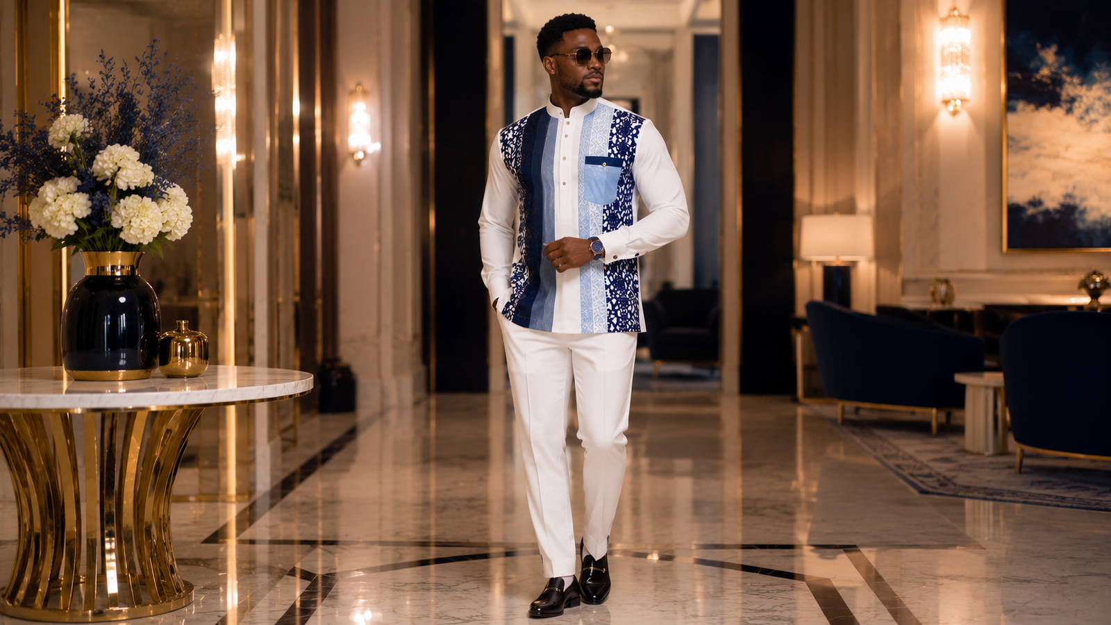 Luxury white and royal blue men's top and trouser design from the Royal Azure Prestige Collection