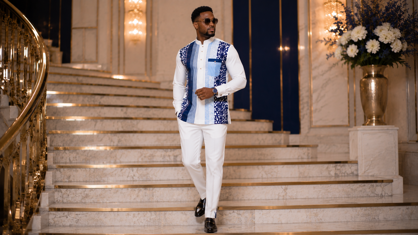 Full-body luxury men's fashion featuring white tailored trousers with royal blue lace accents
