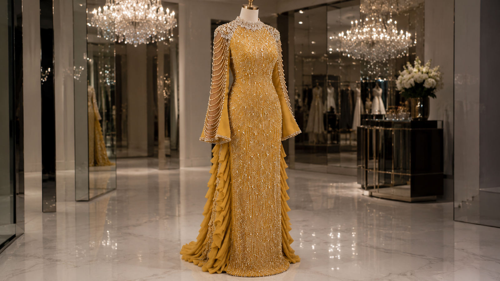 Ami Royale Pearl Cascade Gown displayed in a luxury fashion showroom