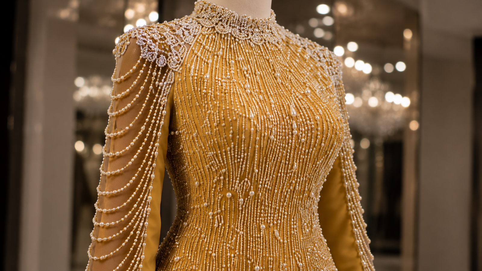 Close-up of pearl beadwork on the Ami Royale Pearl Cascade Gown