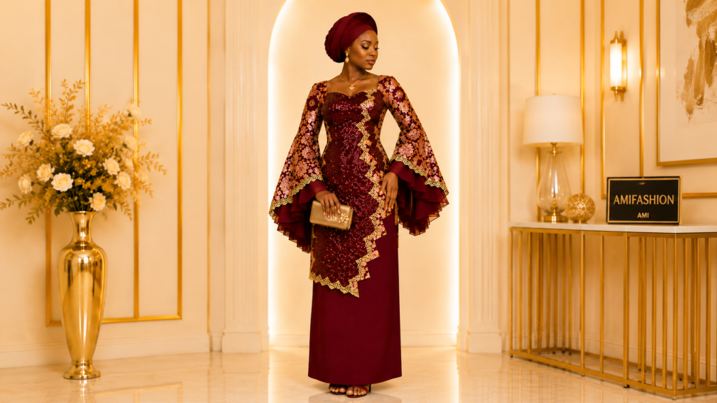 AMI Regal Wine Zigzag Lace Skirt Set luxury African women's fashion with zigzag side-cut design