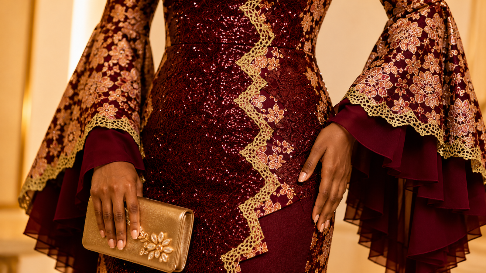 Luxury African women's skirt and blouse design with champagne gold lace embroidery