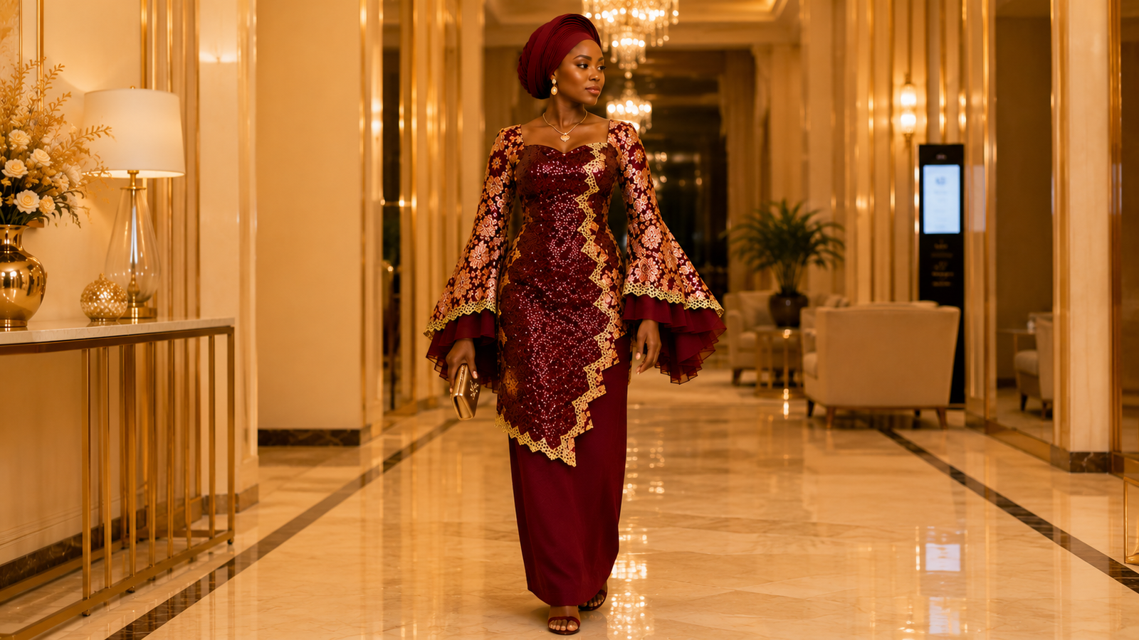 Side view of AMI Regal Wine Zigzag Lace Skirt Set highlighting zigzag side-cut