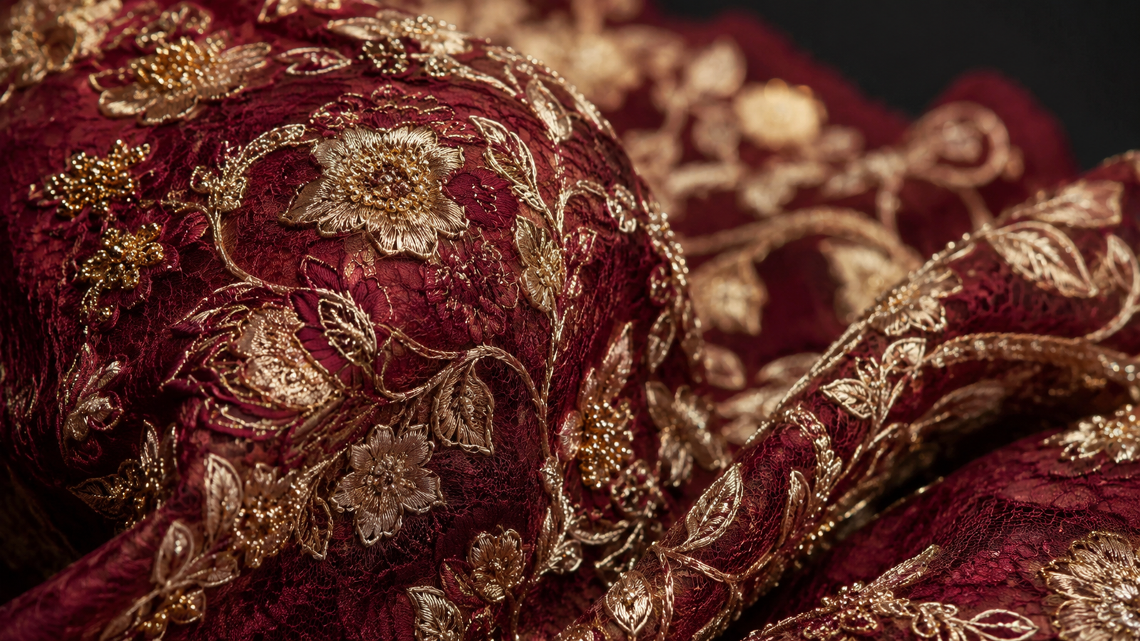 Deep wine lace fabric with champagne gold embroidery by AMIFASHION