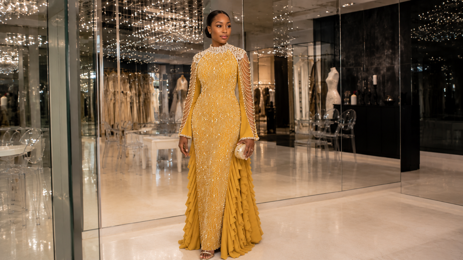 Woman wearing the Ami Royale Pearl Cascade Gown